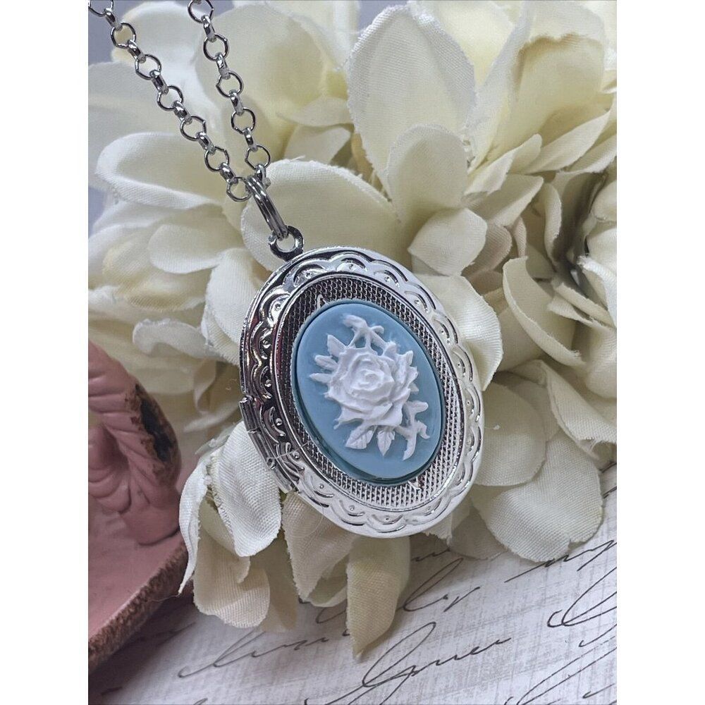 BLUE Rose White Mothers Day Cameo Locket Silver Easter Daughter Gift Wedding